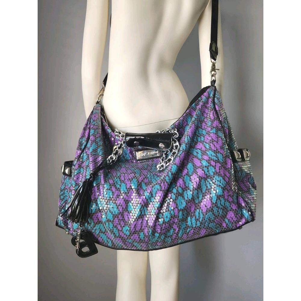 Betsey Johnson Large Weekender Duffle Bag Safari Snake Print Sequins Purple Blue